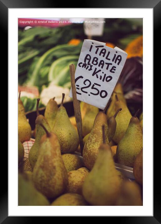 Italian Abate pears with price tag for sale in a market stall. Framed Mounted Print by Kristof Bellens