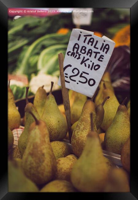 Italian Abate pears with price tag for sale in a market stall. Framed Print by Kristof Bellens