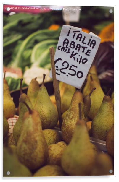 Italian Abate pears with price tag for sale in a market stall. Acrylic by Kristof Bellens