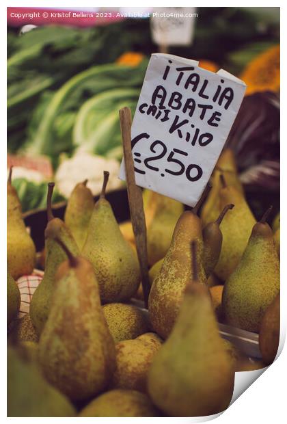 Italian Abate pears with price tag for sale in a market stall. Print by Kristof Bellens