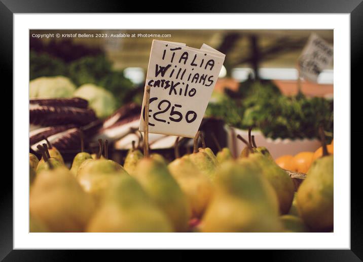 Italian Williams pears with price tag for sale in a market stall. Framed Mounted Print by Kristof Bellens