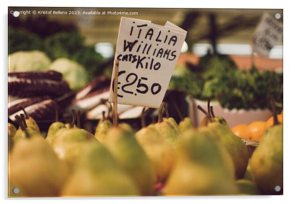 Italian Williams pears with price tag for sale in a market stall. Acrylic by Kristof Bellens
