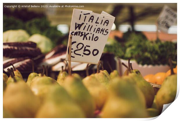 Italian Williams pears with price tag for sale in a market stall. Print by Kristof Bellens