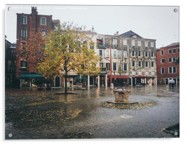 Heavy rain in Venice, Italy, during autumn. Acrylic by Kristof Bellens