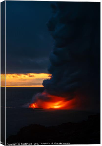 Sunset over Kilauea erupting volcano red hot magma Canvas Print by Spotmatik 