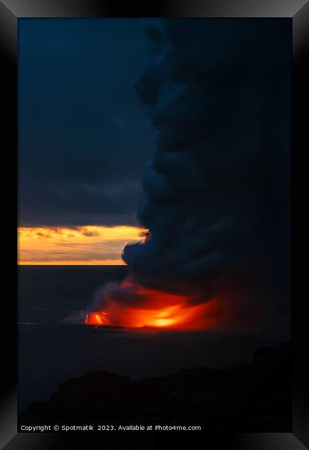 Sunset over Kilauea erupting volcano red hot magma Framed Print by Spotmatik 