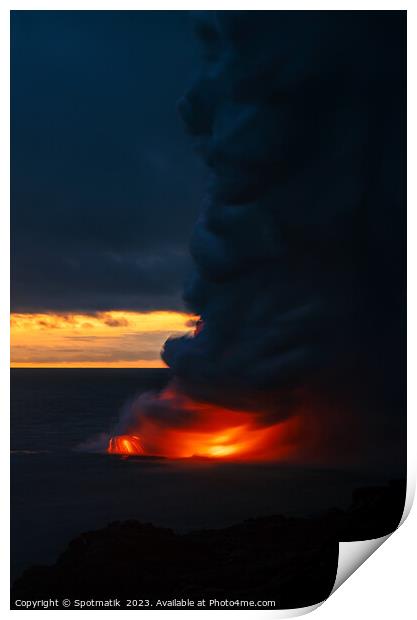 Sunset over Kilauea erupting volcano red hot magma Print by Spotmatik 