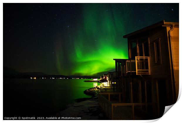 Aurora Borealis in night sky Arctic Circle Norway Print by Spotmatik 
