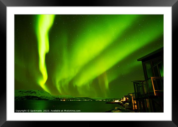 Northern Lights in night sky Norwegian Fjord Winter Framed Mounted Print by Spotmatik 
