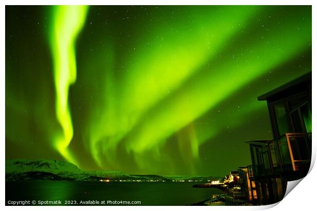 Northern Lights in night sky Norwegian Fjord Winter Print by Spotmatik 
