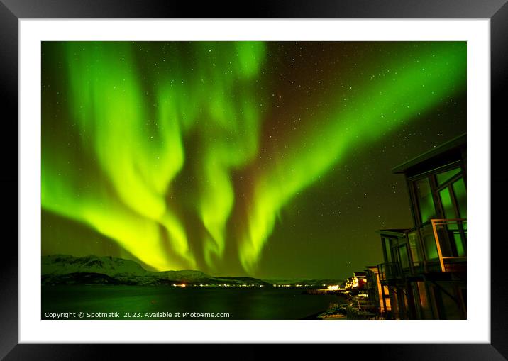 Aurora borealis in Norwegian Fjord lake home Scandinavia Framed Mounted Print by Spotmatik 
