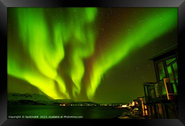 Aurora borealis in Norwegian Fjord lake home Scandinavia Framed Print by Spotmatik 