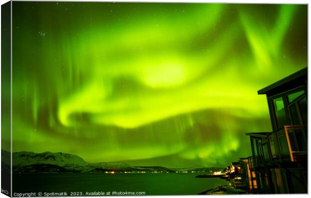 Northern Lights over Norwegian Fjord lake home Norway Canvas Print by Spotmatik 