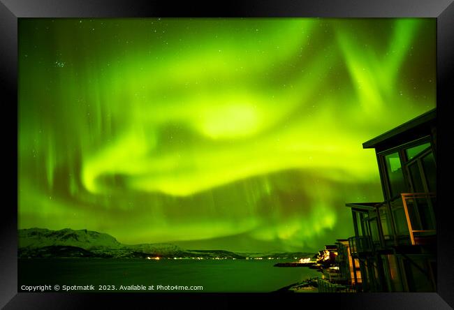 Northern Lights over Norwegian Fjord lake home Norway Framed Print by Spotmatik 