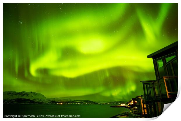 Northern Lights over Norwegian Fjord lake home Norway Print by Spotmatik 