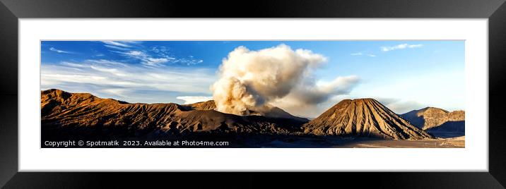 Panoramic view Mt Bromo active volcanic eruption exploding  Framed Mounted Print by Spotmatik 
