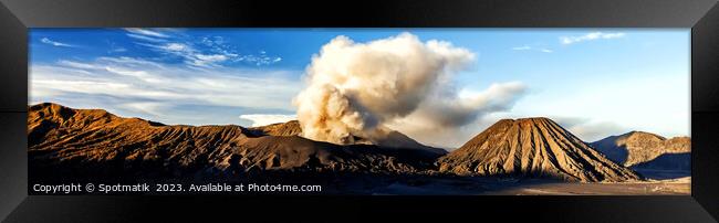 Panoramic view Mt Bromo active volcanic eruption exploding  Framed Print by Spotmatik 