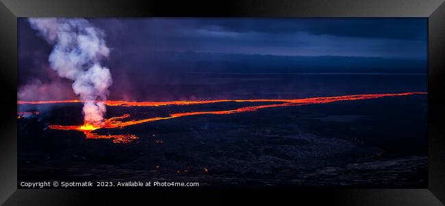 Aerial Panoramic Iceland  molten lava flowing from fissure  Framed Print by Spotmatik 
