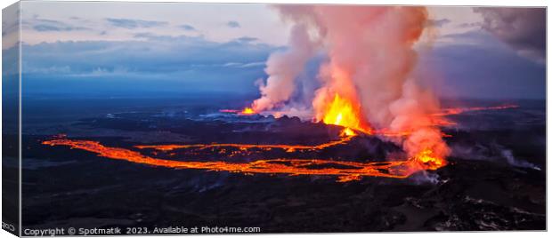 Aerial Panorama view Icelandic volcanic lava Holuhraun volcano  Canvas Print by Spotmatik 