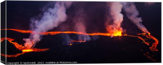 Aerial Panoramic view Icelandic active volcanic molten lava Canvas Print by Spotmatik 