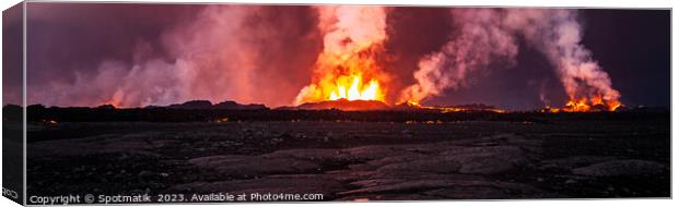 Aerial Panoramic view active volcanic erupting lava Iceland  Canvas Print by Spotmatik 