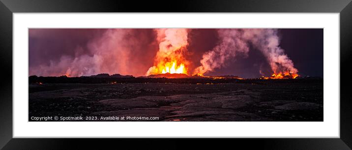 Aerial Panoramic view active volcanic erupting lava Iceland  Framed Mounted Print by Spotmatik 