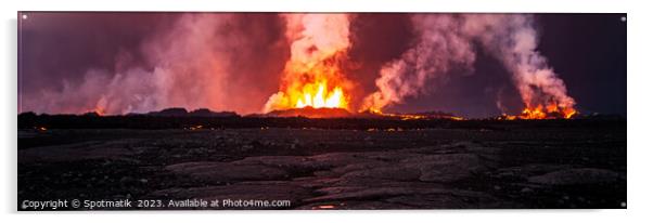 Aerial Panoramic view active volcanic erupting lava Iceland  Acrylic by Spotmatik 