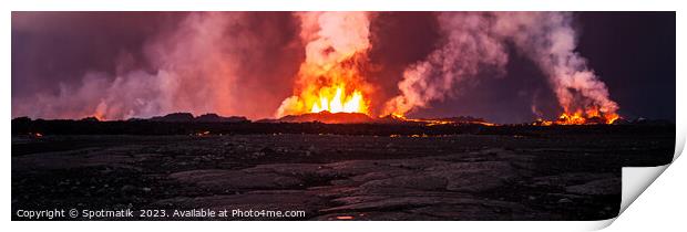 Aerial Panoramic view active volcanic erupting lava Iceland  Print by Spotmatik 