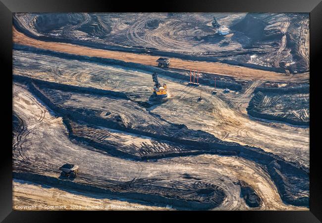 Aerial Ft McMurray Industrial excavator surface pit mining  Framed Print by Spotmatik 