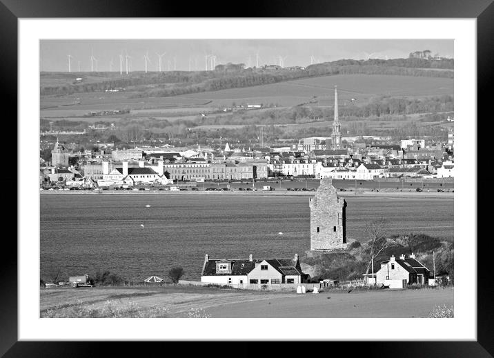 Greenan Castle, Ayr and Ayr town b/w Framed Mounted Print by Allan Durward Photography