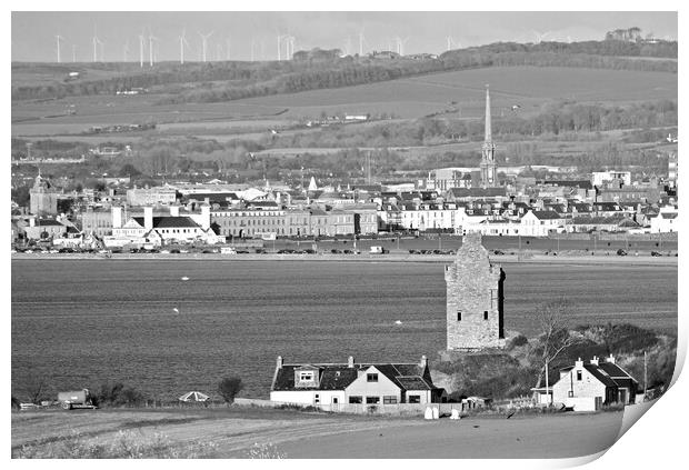 Greenan Castle, Ayr and Ayr town b/w Print by Allan Durward Photography
