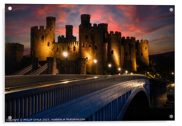Conwy castle sunset  Acrylic by PHILIP CHALK