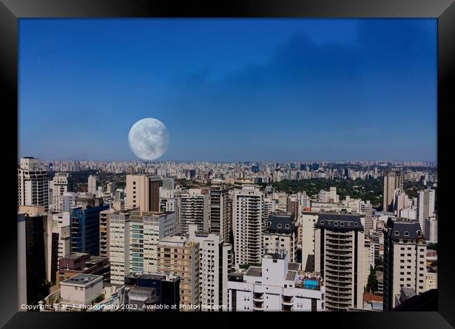 Moon over Sao Paulo in Brasil  Framed Print by M. J. Photography