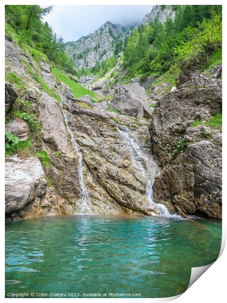 Small waterfall with the water flowing through the rock in a natural pool with turquoise color Print by Cristi Croitoru