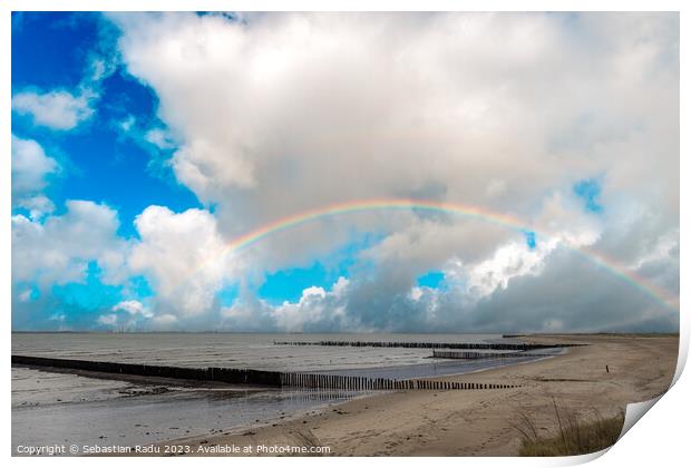 Beautiful sea view with wave breakers on the beach of Breskens, Zeeland, The Netherlands Print by Sebastian Radu