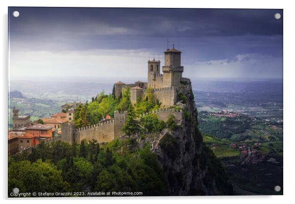 San Marino, Guaita tower on the Titano mount and panoramic view  Acrylic by Stefano Orazzini
