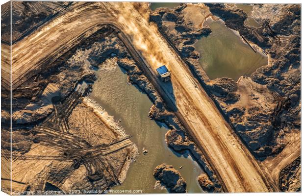 Aerial giant dump trucks Athabasca Tar sand site  Canvas Print by Spotmatik 