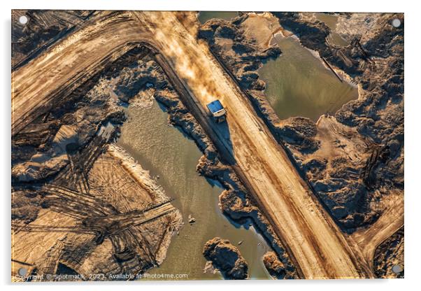 Aerial giant dump trucks Athabasca Tar sand site  Acrylic by Spotmatik 