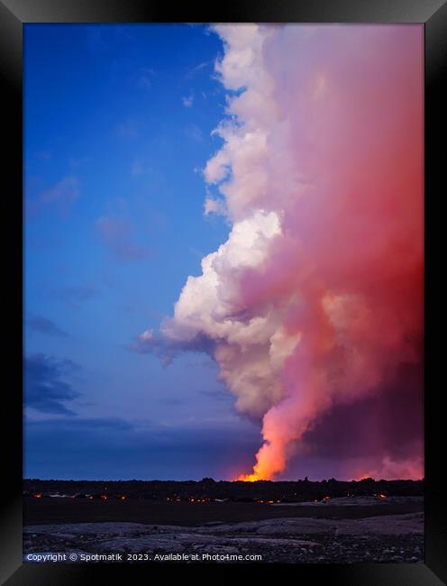 Aerial view Volcanic smoke erupting from open fissures  Framed Print by Spotmatik 