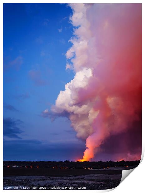 Aerial view Volcanic smoke erupting from open fissures  Print by Spotmatik 
