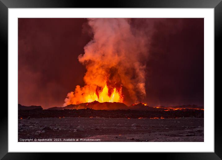 Aerial view of volcanic active lava erupting Iceland Framed Mounted Print by Spotmatik 
