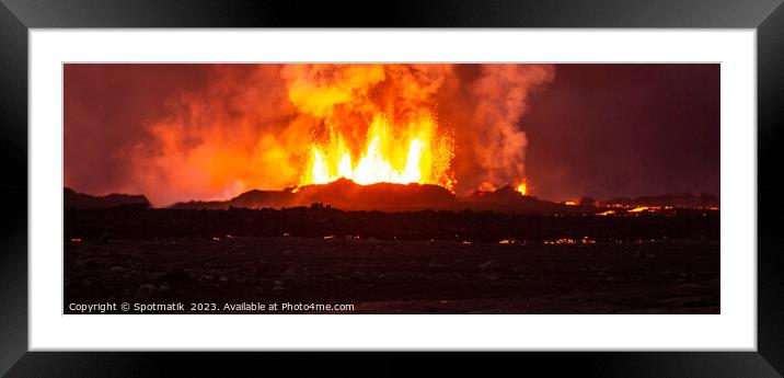 Aerial Panorama view of erupting molten lava Iceland Framed Mounted Print by Spotmatik 