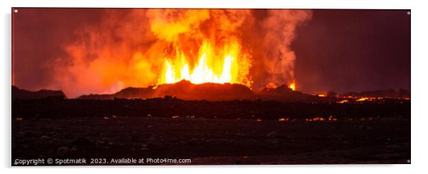 Aerial Panorama view of erupting molten lava Iceland Acrylic by Spotmatik 