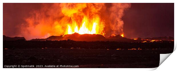 Aerial Panorama view of erupting molten lava Iceland Print by Spotmatik 