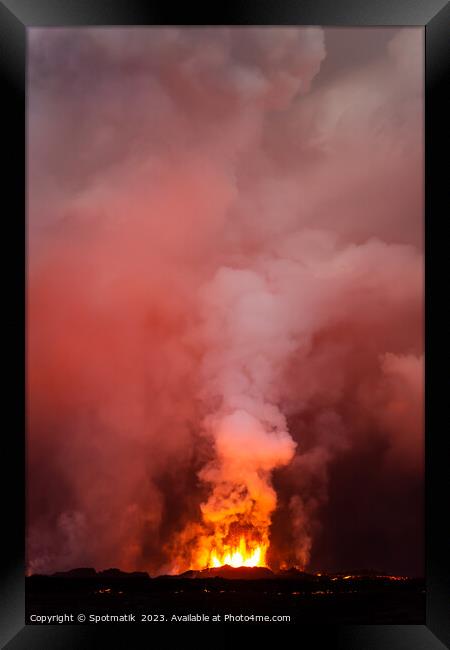 Aerial toxic smoke and fire volcanic eruption Iceland Framed Print by Spotmatik 