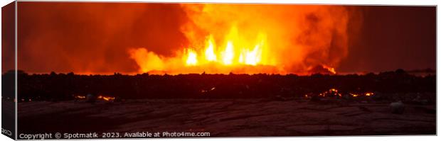 Aerial Panorama view of erupting molten lava Iceland Canvas Print by Spotmatik 