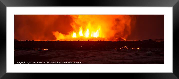 Aerial Panorama view of erupting molten lava Iceland Framed Mounted Print by Spotmatik 