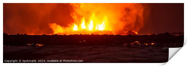 Aerial Panorama view of erupting molten lava Iceland Print by Spotmatik 
