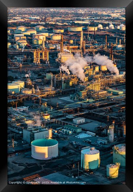 Aerial view of a coastal Petrochemical storage facility  Framed Print by Spotmatik 