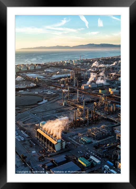 Aerial of Industrial Pacific coastal oil refinery California Framed Mounted Print by Spotmatik 
